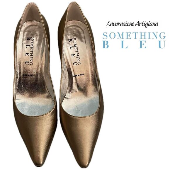 Something Bleu Metallic Gold Leather Heels Stiletto Hand Made In Italy - 8 - Picture 3 of 5